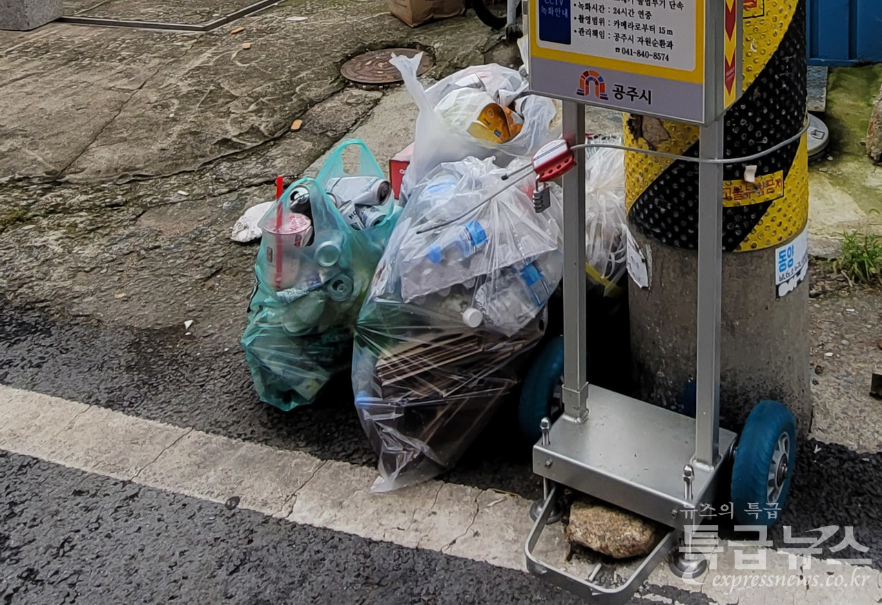 중동 147번지 전봇대 주변에 쓰레기들이 항상 놓여 있어 미관을 해치고 있다.